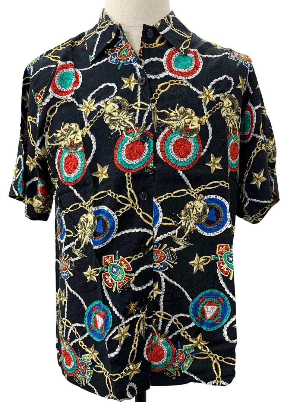 Vintage 90s Women's Oversized Medium Nautical Chain Rayon Blouse Cabazon
